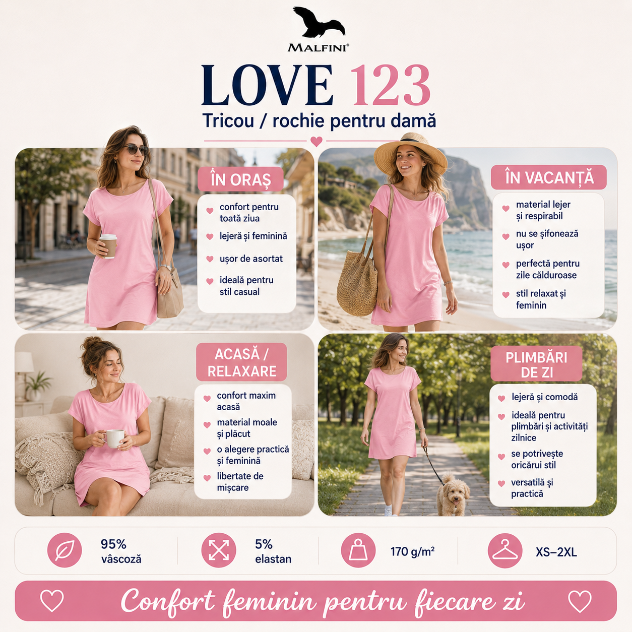 Rochie tricou damă Malfini Love 123 roz croială lejeră pentru oraș vacanță și relaxare